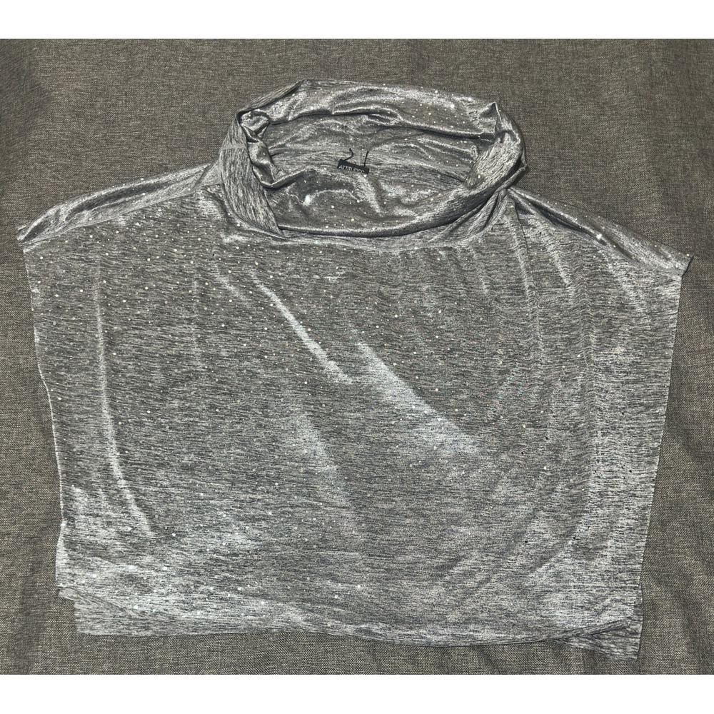 Attitudes by Renee Womens XL/1X Poncho Top Silver Metallic Cowl Neck Sparkle